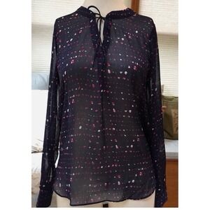 Banana Republic Navy Blue Pink White Mod Spotted Secretary Blouse Top